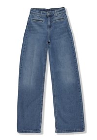 Pantalones vaqueros de pernera ancha de mezclilla azul con cintura alta, que cuentan con dos bolsillos frontales y un cierre de botón. Textura suave, diseño estándar de 5 bolsillos.