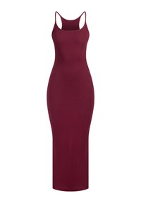 Vestido maxi burdeos acanalado con tirantes finos, una silueta ajustada y diseño hasta el suelo. Textura suave y color sólido sin patrones.
