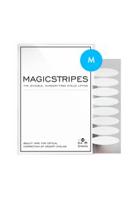 Magicstripes ögonlocksliftande tape, med en vit, strukturerad design, förpackad i en rektangulär låda med tydlig, minimalistisk branding. 64 remsor ingår.