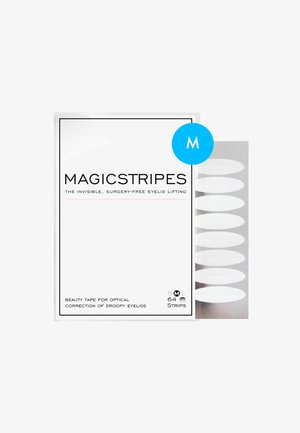 Nastro lifting per palpebre Magicstripes, con un design bianco e testurizzato, confezionato in una scatola rettangolare con branding chiaro e minimale. Inclusi 64 strisce.