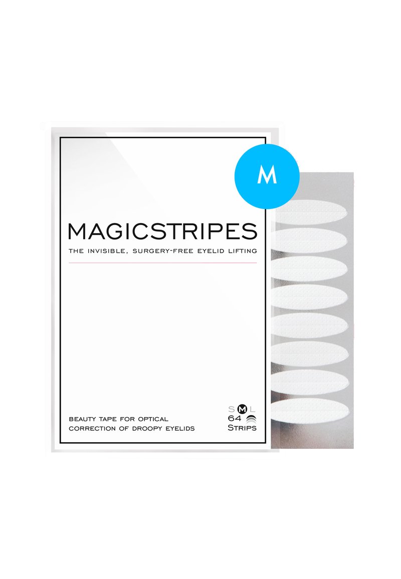 Magicstripes ögonlocksliftande tape, med en vit, strukturerad design, förpackad i en rektangulär låda med tydlig, minimalistisk branding. 64 remsor ingår.