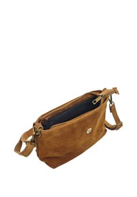 Sac bandoulière en suède marron avec fermeture éclair, intérieur noir, zipper en métal et détail de bouton rond. Bandoulière ajustable pour plus de polyvalence.