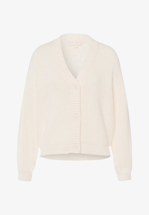 Cárdigan blanco de punto con escote en V, detalles de canalé, botones en la parte delantera y mangas largas, con un dobladillo recortado para un ajuste relajado.