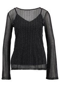 Maglia nera a maniche lunghe realizzata in tessuto trasparente e a costine con sottili fili metallici, caratterizzata da un design a V e una forma aderente.