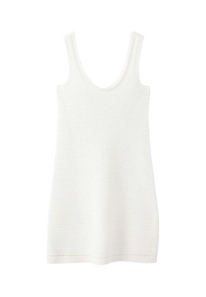 Camiseta de tirantes blanca de punto sin mangas con escote redondeado y bajo acanalado, mostrada sobre un fondo blanco liso.