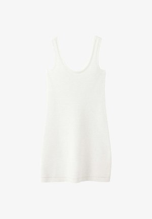 Camiseta de tirantes blanca de punto sin mangas con escote redondeado y bajo acanalado, mostrada sobre un fondo blanco liso.