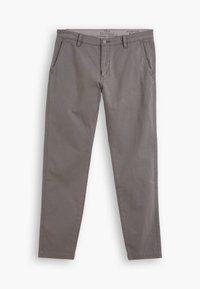 Chinos en coton gris avec une coupe fuselée standard, dotés de poches latérales, d'une fermeture à bouton à l'avant et de détails de couture minimaux.