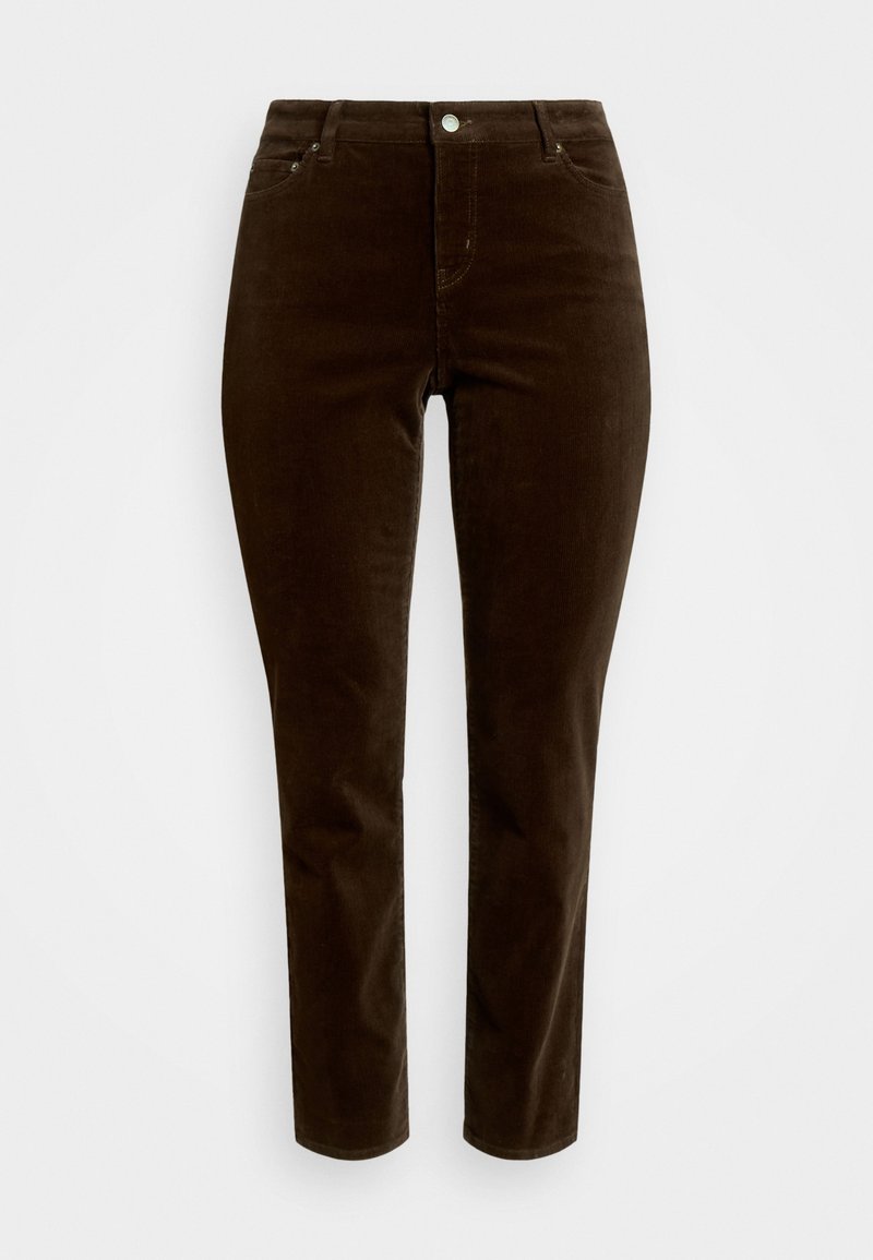 Hnědé kordové slim-fit kalhoty s pěti kapsami, předním zapínáním na zip a stříbrným knoflíkem. Textura je žebrovaná a měkká.