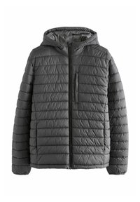 Veste matelassée gris foncé à capuche avec des coutures horizontales, fermeture éclair frontale complète et une poche poitrine zippée verticale.