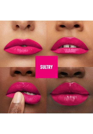 Couleur lèvres fuchsia éclatante appliquée sur différentes lèvres, montrant diverses finitions : mate, brillante, et une personne en train d'appliquer un produit pour les lèvres.