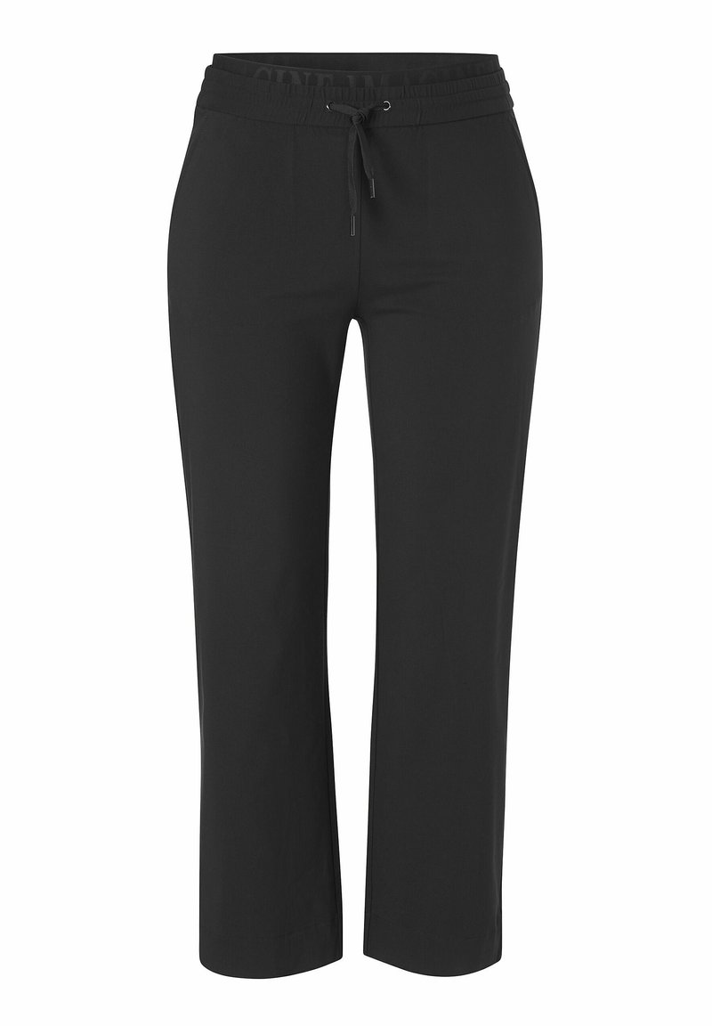 Zwarte cropped broek gemaakt van een gladde stof. Voorzien van een elastische tailleband met een trekkoord. Rechte, losse pasvorm zonder zichtbare patronen.