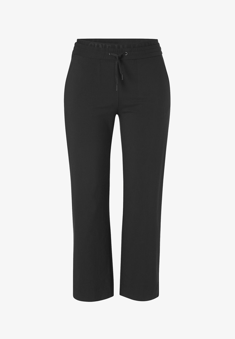 Zwarte cropped broek gemaakt van een gladde stof. Voorzien van een elastische tailleband met een trekkoord. Rechte, losse pasvorm zonder zichtbare patronen.