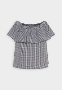 Top dénudé aux épaules en motif vichy noir et blanc, avec un col à volants et des manches courtes. Fabriqué en tissu léger.
