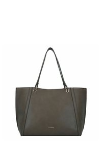 Borsa tote in pelle grigia scura con due manici robusti, dotata di dettagli argentati e una texture liscia; forma rettangolare con accenti ai pannelli laterali.