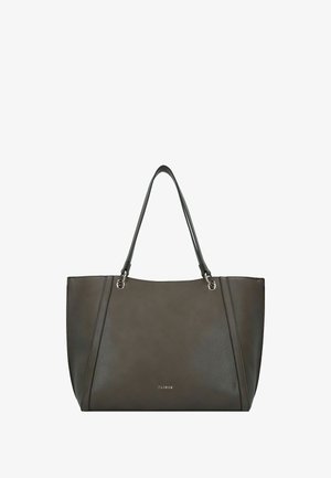Sac tote en cuir gris foncé avec deux poignées résistantes, comportant des détails en métal argenté et une texture lisse ; forme rectangulaire avec des accents sur les panneaux latéraux.
