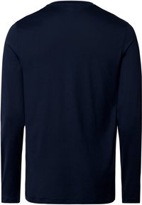 Camiseta de manga larga hecha de suave tela de algodón azul marino oscuro. Presenta un cuello redondo y un corte recto sin patrones o acentos visibles.