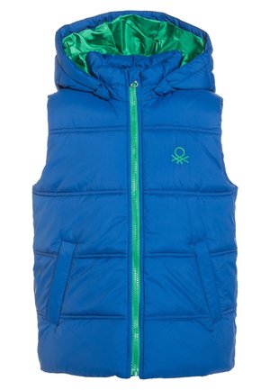 Chaleco inflado azul con un forro interior verde, cierre frontal con cremallera y dos bolsillos laterales. Presenta un pequeño logo verde en el pecho.