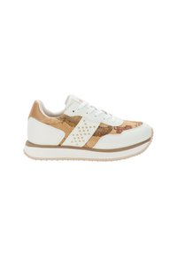 White athletic shoe with a textured beige map-patterned panel, white laces, and gold stud accents. Features a light tan heel and rubber sole.