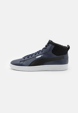 High-top sneakers in navy leather with black accents, white rubber sole, and soft black lining around the ankle. Features laces and logo.