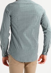 Man in een groen en wit geruit overhemd met lange mouwen en beige broek, van achteren weergegeven tegen een effen achtergrond.