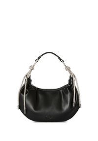 Borsa a tracolla in pelle nera con design arrotondato, caratterizzata da manici in corda intrecciata argentata e un piccolo logo sul davanti. Chiusura con zip nella parte superiore.