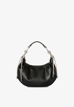 Borsa a tracolla in pelle nera con design arrotondato, caratterizzata da manici in corda intrecciata argentata e un piccolo logo sul davanti. Chiusura con zip nella parte superiore.