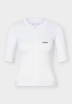 Maglia da ciclismo bianca a maniche corte, aderente, con zip frontale e piccolo logo "poc" sul petto a sinistra.