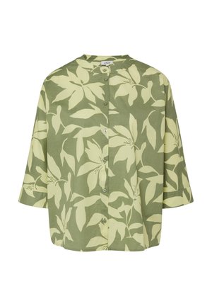 Green button-up blouse with wide sleeves and large pale yellow floral print, featuring a round collar.