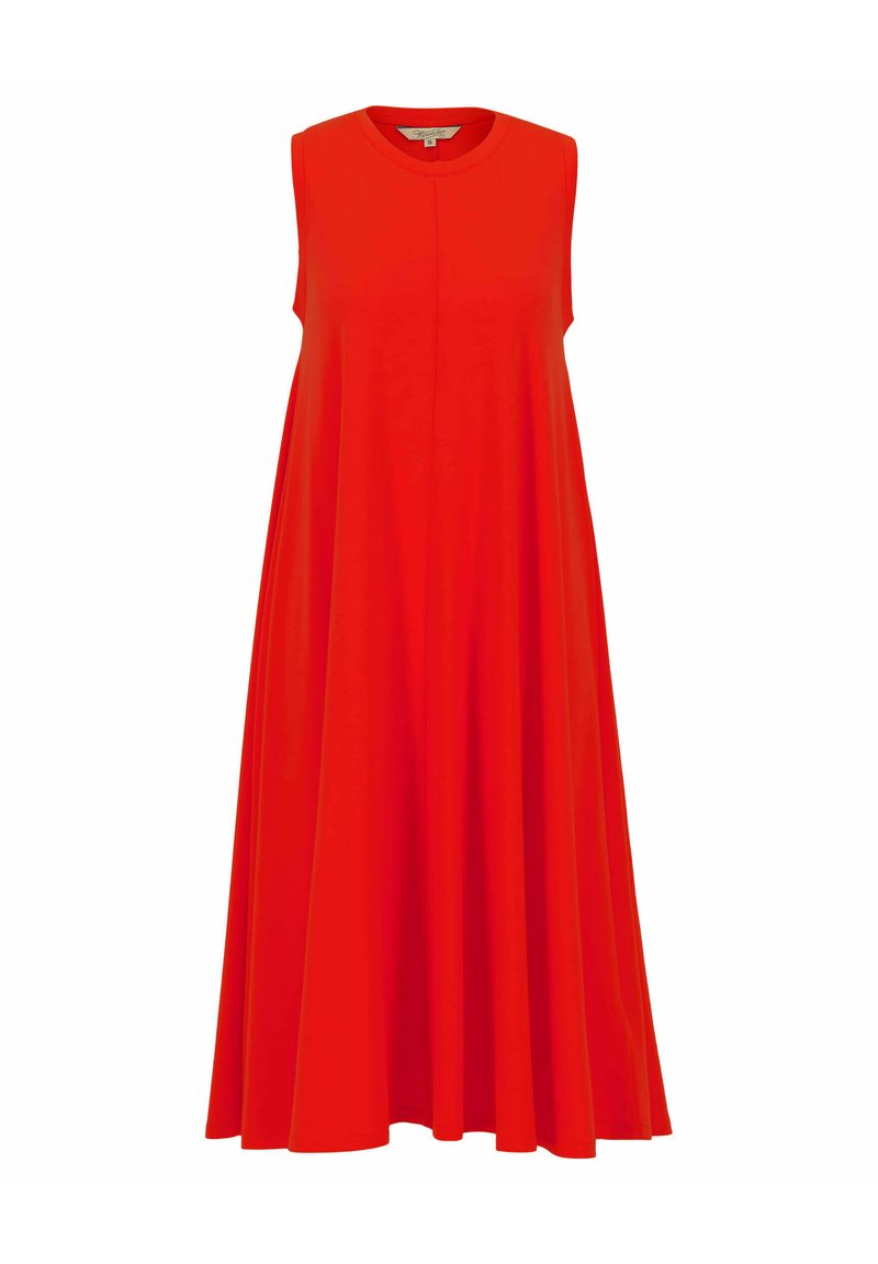 Red sleeveless dress with a round neckline, A-line silhouette, soft fabric, and no visible fastenings, creating a smooth, flowing appearance.