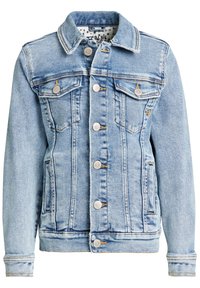 Ljusblå denimjacka med en klassisk design. Har två bröstfickor, sex silverknappar och gula sömnadsdetaljer.