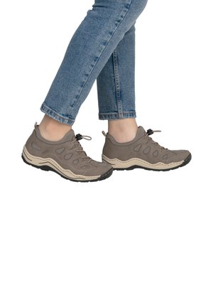 Gray outdoor shoes with a textured upper, lace closure, and cut-out details. Rounded toe and contrasting beige sole; designed for comfort.
