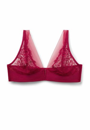 Burgundifärgad bralette i mesh och spets, med trekantiga kupor, blommönstrad spetsdetalj och ett mjukt band för en bekväm passform.