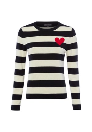 Schwarz-weiß gestreifter Langarmpullover mit roten Herz auf der oberen linken Brustseite und Rundhalsausschnitt.