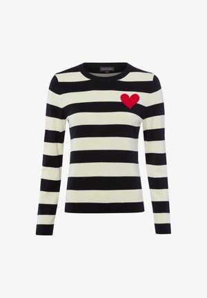 Zwart-wit horizontaal gestreepte trui met lange mouwen, rode hart op de bovenzijde links op de borst en een ronde halslijn.