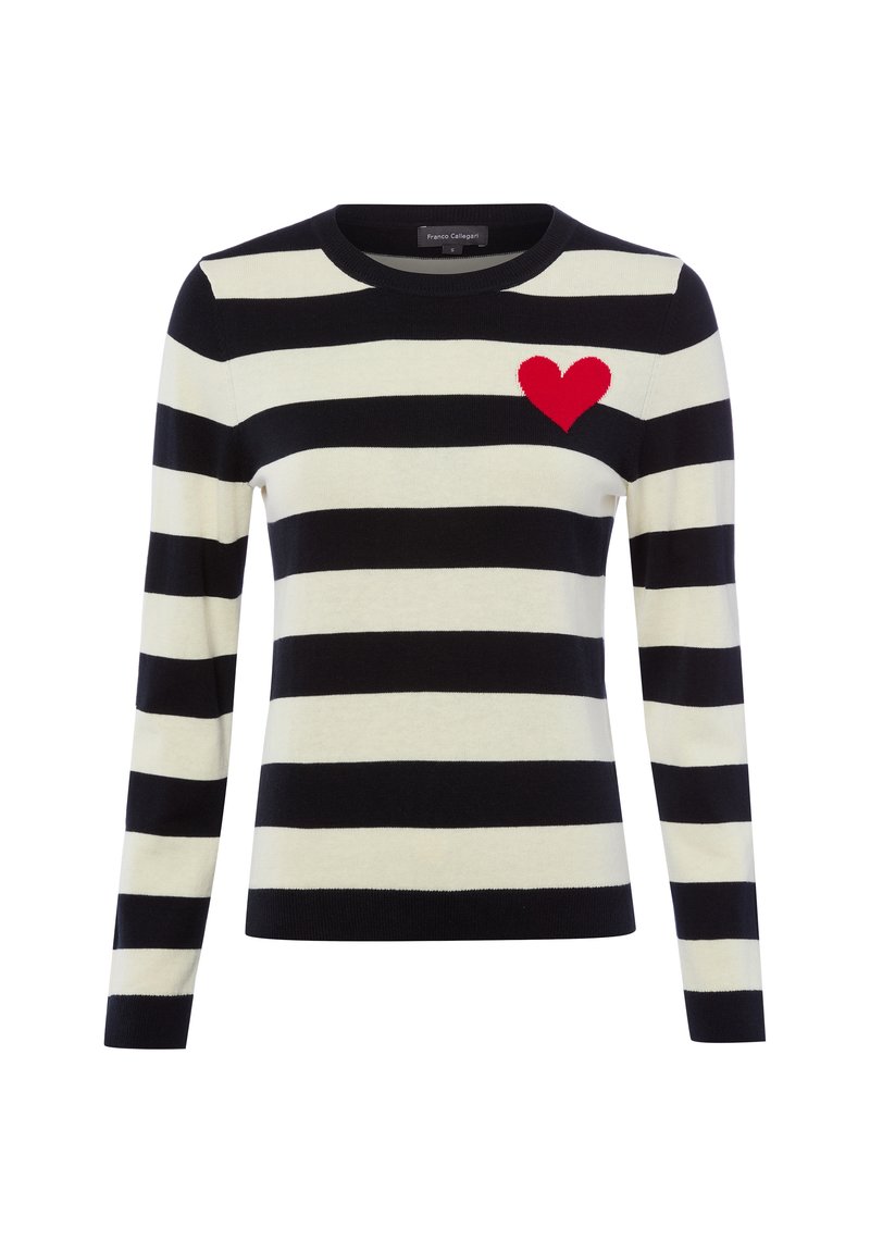 Schwarz-weiß gestreifter Langarmpullover mit roten Herz auf der oberen linken Brustseite und Rundhalsausschnitt.