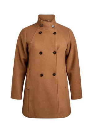 Rjav plašč iz volnenega mešanega materiala z visokim ovratnikom, dvojno zapenjanje in temnimi gumbi. Ima stranske žepe in raven kroj.