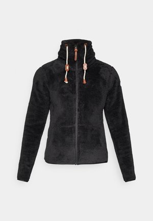 Schwarze Fleecejacke mit hohem Kragen, vorderem Reißverschluss und zwei Taschen. Mit kontrastierenden Kordelzügen in Braun für einen strukturierten Look.