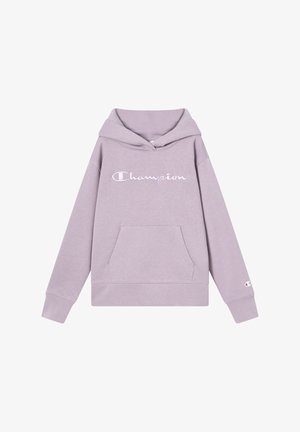 Jasnofioletowa bluza z kapturem z przednią kieszenią kangurką, regulowanym kapturem i haftowanym logo "Champion" na klatce piersiowej. Miękka tkanina, luźny krój.
