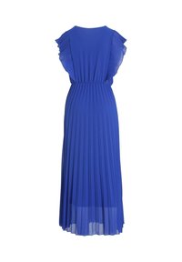 Modrá plisovaná šaty s volánovými rukávy, které mají přiléhavý pas a splývavou sukni. Vyrobené z lehké texturované látky.