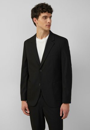 Black suit jacket in smooth fabric with a tailored fit, featuring two front pockets, two buttons, and a notch lapel design.