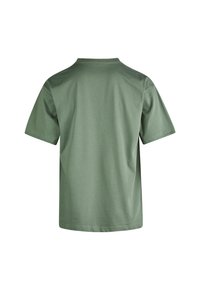 Short-sleeve t-shirt in olive green, made of soft cotton, features a classic crew neck and a plain back without additional details.