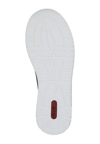 Semelle blanche de chaussure avec motif de grip texturé. Présente un logo "rieker" rouge et un marquage de taille. Bords lisses avec un design incurvé.