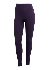 Leggings viola con una vita alta, realizzati in materiale elastico. Texture liscia, forma aderente e senza motivi o accessori visibili.