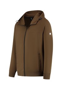 Bruine zip-up hoodie met verstelbare capuchon, voorkruimelzakken, geribbelde manchetten en een klein logo-embleem op de linkermouw.