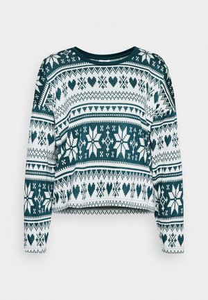 Sweater featuring a teal and white color scheme with a geometric pattern including hearts and snowflakes. Long sleeves and crew neck.
