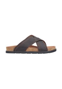 Bruine leren instapsandalen met kruislings banden, kurken voetbed, rubberen zool en bruine stikdetails. Plat ontwerp voor casual gebruik.