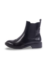 Bottine en cuir noir avec des panneaux élastiques sur les côtés, bout rond, détails de brogue décoratifs et un talon block bas.