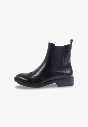 Bottine en cuir noir avec des panneaux élastiques sur les côtés, bout rond, détails de brogue décoratifs et un talon block bas.