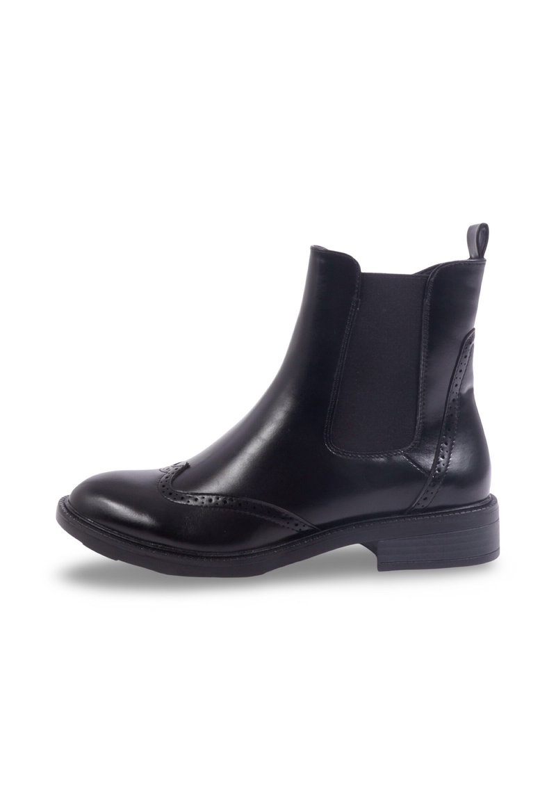 Bottine en cuir noir avec des panneaux élastiques sur les côtés, bout rond, détails de brogue décoratifs et un talon block bas.