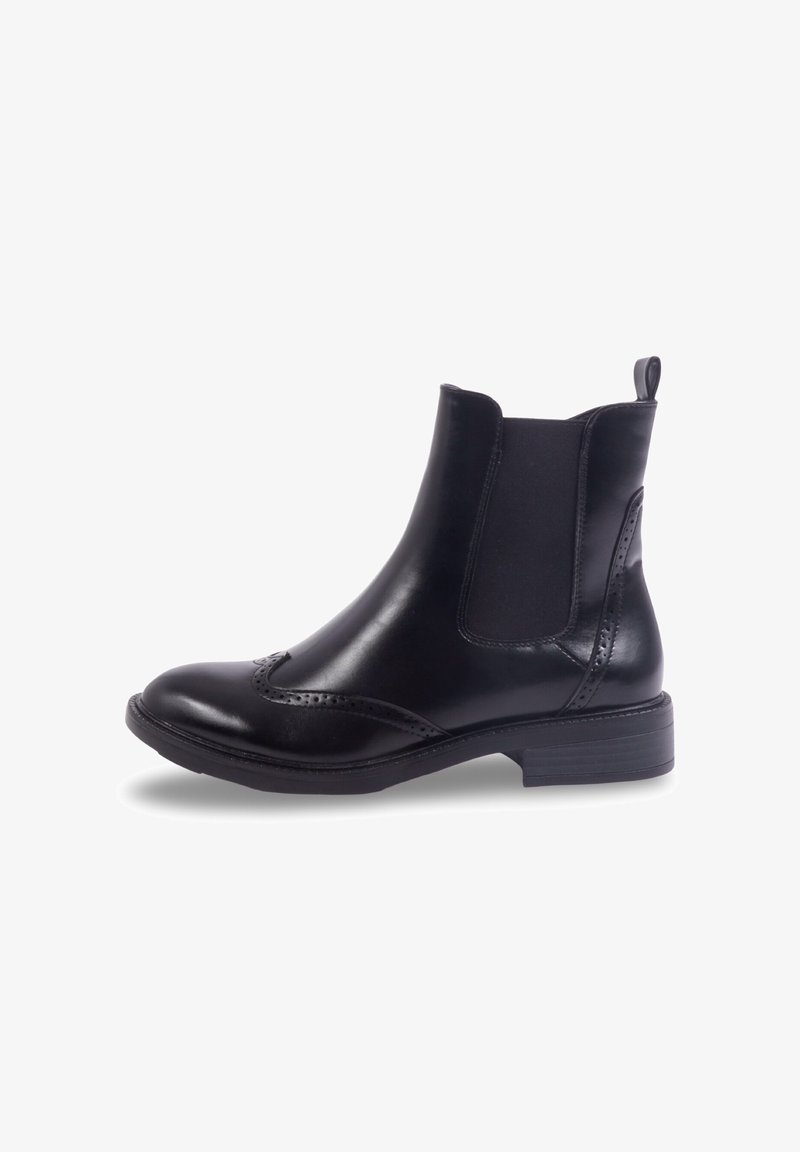 Bottine en cuir noir avec des panneaux élastiques sur les côtés, bout rond, détails de brogue décoratifs et un talon block bas.